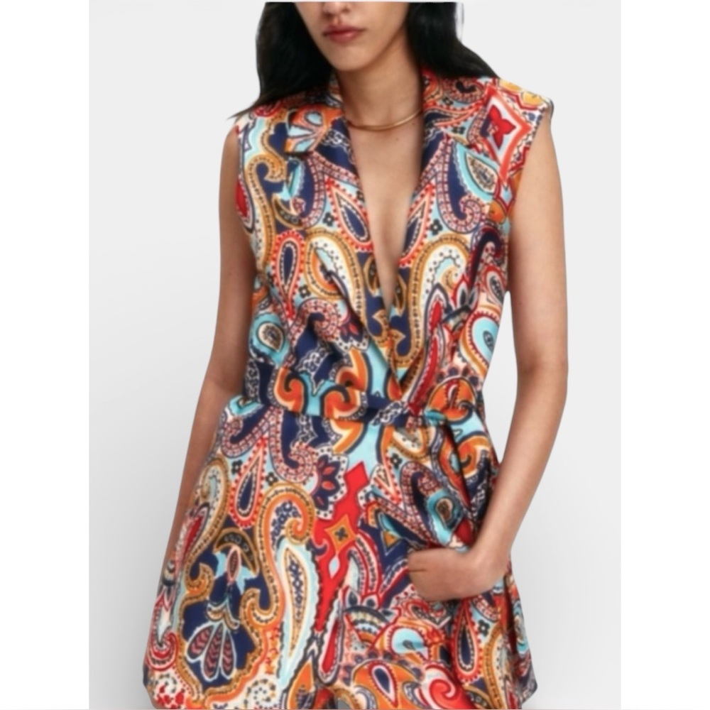 ZARA | NWT Belted Printed Satin Vest, Size XS